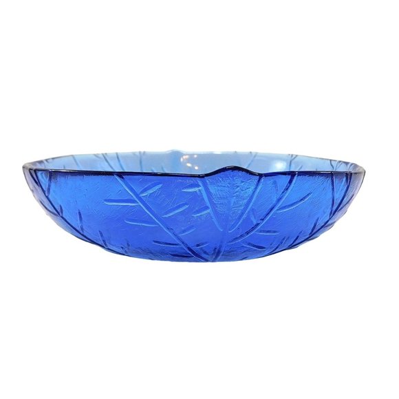 Cobalt Blue Glass Bowl Textured Leaf Design 5.75" - Picture 4 of 5